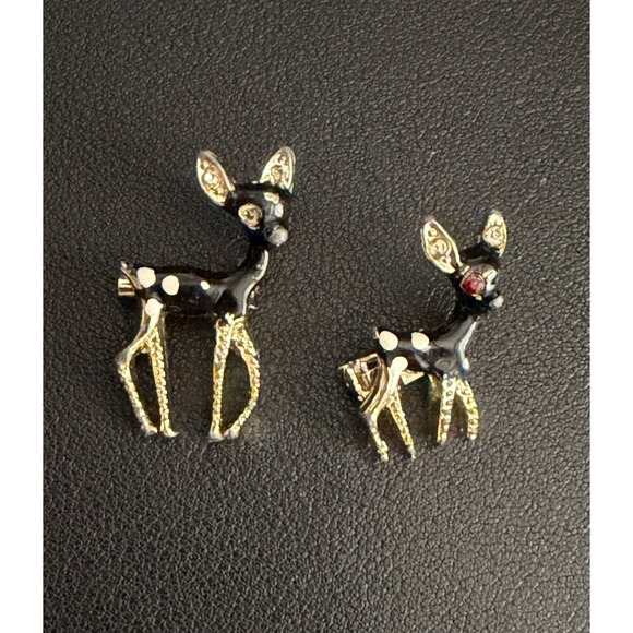 Jewelry - Vintage Spotted Deer Brooch Set of 2 Black Enamel Pin Mini READ